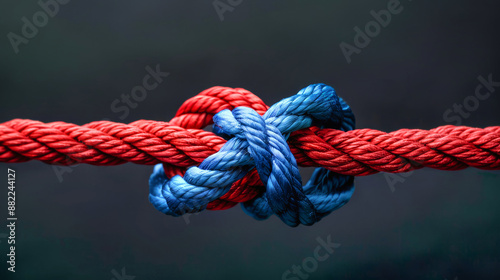 A close-up of a red and blue rope knotted together, symbolizing unity and strength