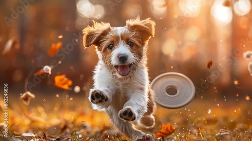  A brown and white dog runs through leaves, holding a Frisbee™ in its mouth It carries another Frisbee™ in its jaws