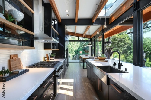 Black Countertops in Modern Kitchen with White Cabinets and Open Window