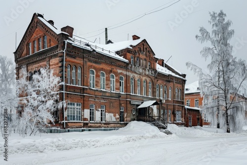 School Snow. Old Brick Building of Secondary School Covered in Winter Snow, Berdsk, Siberia