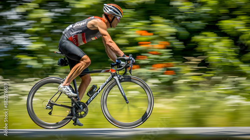 Athlete competes in duathlon, running and cycling in a multisport event under cloudy skies.