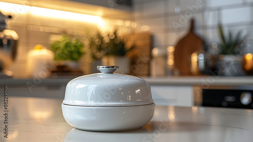 A white ceramic butter dish on a modern kitchen countertop.