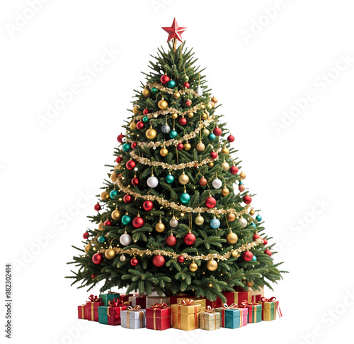 A festive Christmas tree adorned with colorful ornaments, twinkling lights, and a sparkling star, embodying holiday spirit and cheer isolated transparent image 