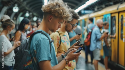 People Using Cell Phones While Waiting for a Train