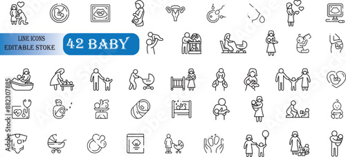 Set of 42 outline icons related to kids (baby ) .