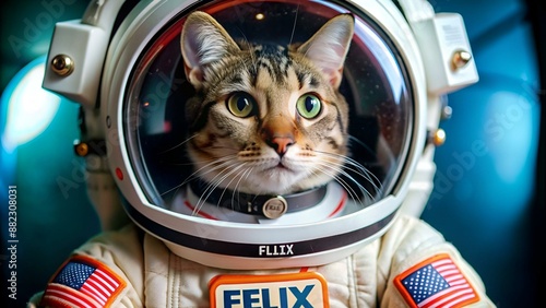 This is an image of a cat wearing an astronaut helmet with the visor open, and a spacesuit with the name tag "Felix". 