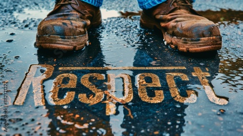 Close-up of work boots standing over the word 'Respect' reflecting in a puddle. Concepts of work ethic, dignity, human rights.