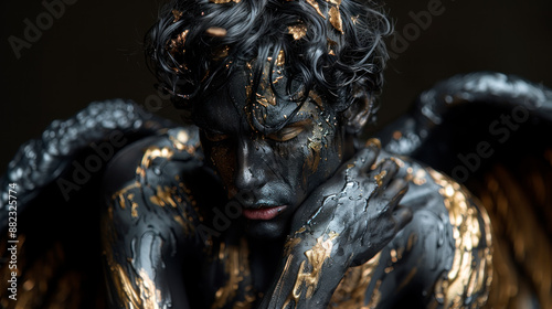 Portrait of dark angel in black and golden paint