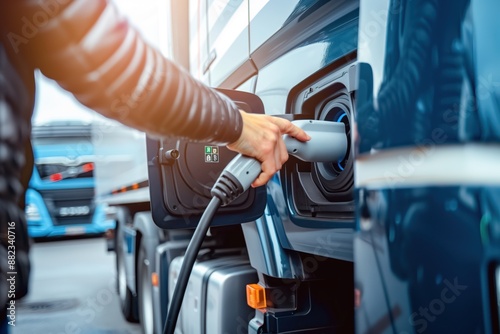 Electric vehicle charging station refuels blue truck. Person wears black jacket holding charging cable connected to charging station with green, white P. Blue truck parked on street behind.