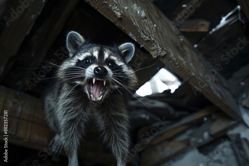 A close-up view of an aggressive raccoon in a dark attic space, its eyes intense and its mouth open in a threatening snarl