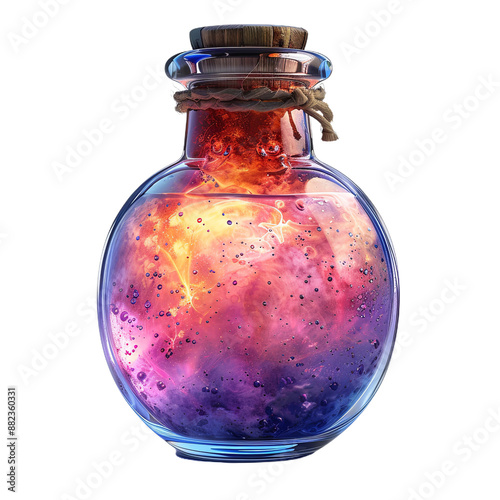 Alchemical bottle with purple fiery liquid. Witchcraft flask with wizard potion in which lights flash to restore strength and health