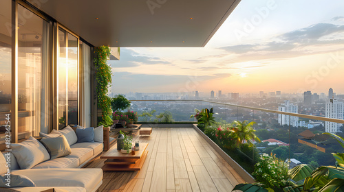 interior design concept condominium penthouse living area with wooden balcony and stunning view of city garden beautiful sky 