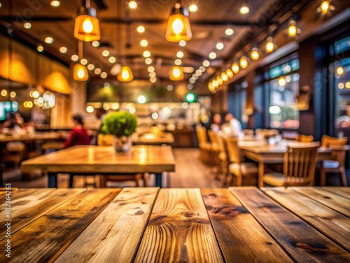 Wooden table featured against blurred, chic restaurant backdrop during night scene. The table offers prime space for advertising food products or showcasing culinary items, set in lively evening.