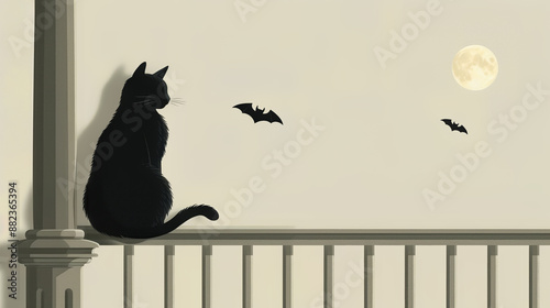 A black cat sits on a railing at night, watching bats fly under the full moon. Eerie and mysterious scene.