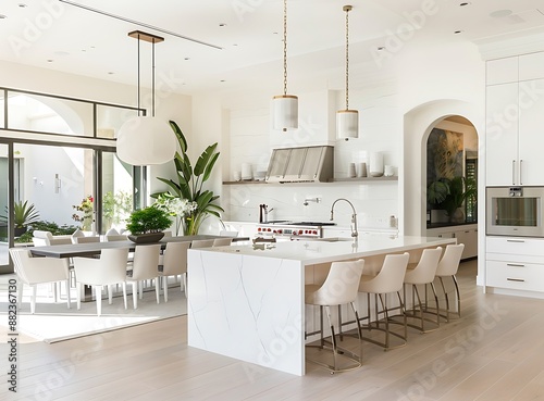 White kitchen with island and barstools