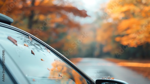 Side view of a car driving on an autumn road with colorful fall leaves on the window and a scenic background of vibrant trees.