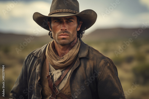 Cowboy image. History of america. History of cowboys, first ranch. Farmer Australia. Portrait of a cowboy.