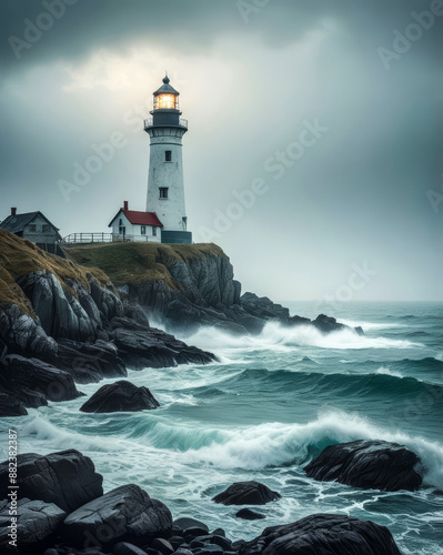 A lone lighthouse stands as a sentinel on a rocky shore, its light cutting through the heavy fog. The scene captures the power of the ocean waves crashing against the rocks.