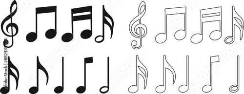 Music notes icon set, song, melody or tune flat or line vector collection isolated on transparent background. Musical key trendy style symbols design element logo template for musical apps and website