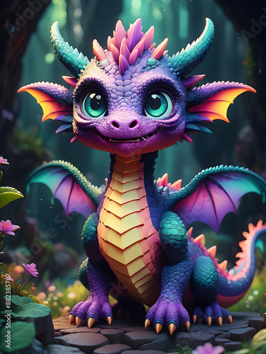 adorable dragon with big eyes in magical and dreamy fantasy colors