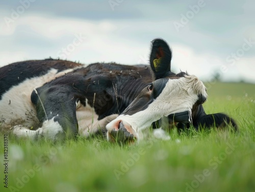 Rural Cow: Unwell, lying on grass, melancholic atmosphere. 