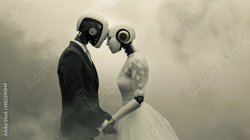 Two humanoid robots in wedding attire embrace in a futuristic setting, symbolizing deep affection and emotions in a romantic scene filled with innovative technology and misty fog