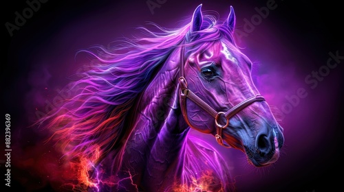 Vibrant purple horse with flowing mane in a digital fantasy setting, showcasing vivid colors and stunning surrealism.