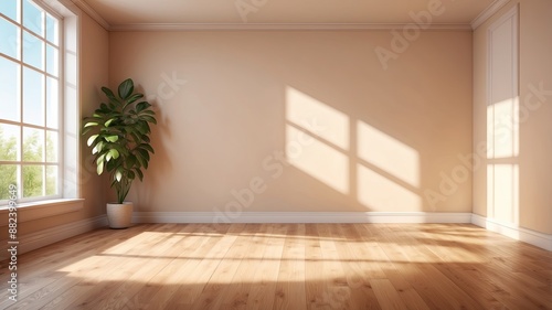 Cozy summer warm room with sunlight and leafs shadows and wooden blank parquet floor interior of a house