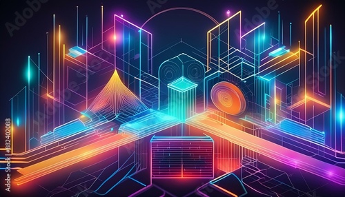 Generative AI abstract illustration of geometric shapes and structures in colorful neon colors and lights in cyberspace against dark background 