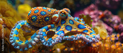 Close-Up Macro Shot of a Blue-ringed octopus for Marine Photography, Ocean Conservation, Aquatic Life Documentation, Underwater Exploration, Desktop Wallpapers. 