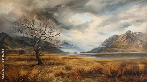 A painting of a mountain landscape with a tree in the foreground. The sky is cloudy and the mountains are in the background. The mood of the painting is peaceful and serene