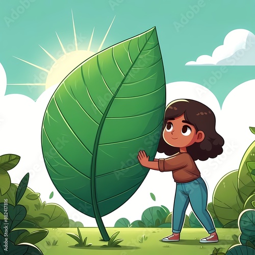 Concept "Turn Over a New Leaf", a person turning over a large leaf, looking hopeful