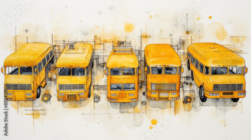 Double Exposure, Water Colour illustration, Yellow School Buses ~ Created using Generative AI