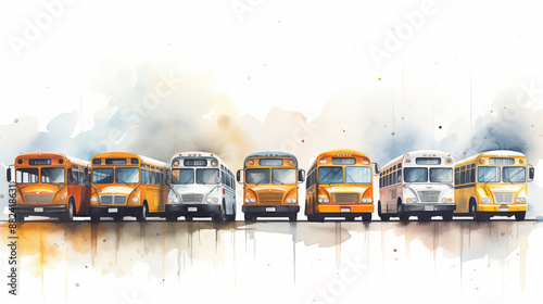 Double Exposure, Water Colour illustration, Yellow School Buses ~ Created using Generative AI