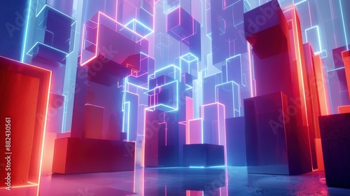 Futuristic Neon Geometric Architecture. A vibrant digital art piece featuring neon-lit geometric shapes in a modern, abstract architectural setting.