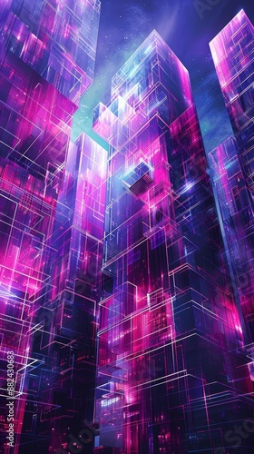 Neon Skyscrapers in Virtual City. An illustration of tall skyscrapers illuminated by neon lights in a virtual city, depicting a futuristic and cyberpunk environment.
