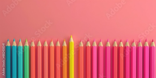 A row of colored pencils, arranged in a rainbow spectrum with a yellow pencil standing out in the middle