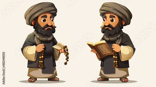 Islamic Clergyman Holding Beads and Quran - Male Cartoon Character in Traditional Attire and Turban Vector Illustration on White Background