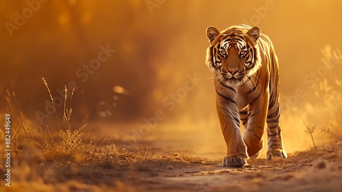 A confident tiger walks along a sunlit pathway in the forest, showcasing its graceful and powerful stride under the warm golden glow of the setting sun, symbolizing strength.