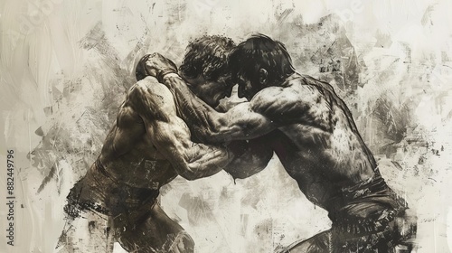 Black and white illustration of two men engaged in a wrestling match, highlighting the tension, physical strain, and the raw energy of the competition.