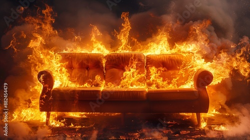 A dramatic and intense scene of a sofa engulfed in roaring flames, highlighting the end of a lazy life. 