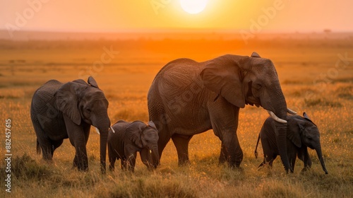 Elephant Family at Sunset.