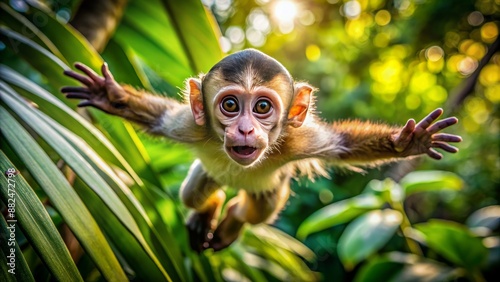 A playful monkey leaps between lush green trees, its bright inquisitive eyes shining with mischief, as it explores its jungle playground with carefree abandon.