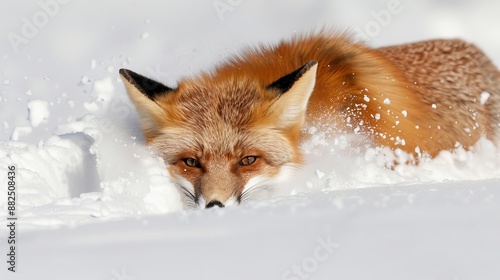 Red fox hunting in deep snow, showcasing its keen survival skills and adaptive behavior to find food during the harsh winter season