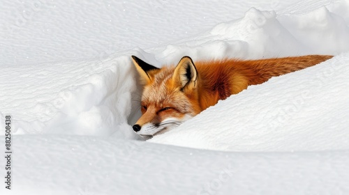 Red fox hunting in deep snow, showcasing its keen survival skills and adaptive behavior to find food during the harsh winter season