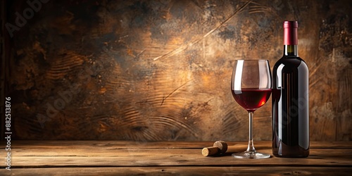 Still life composition featuring a glass of wine and a wine bottle on a wooden table, wine, glass, bottle