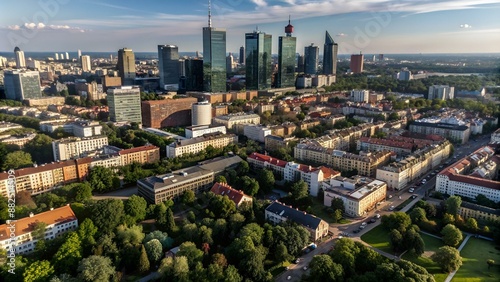 Piękny panoramiczny widok z drona na centrum nowoczesnej Warszawy z sylwetkami drapaczy chmur. Na pierwszym planie Muranów – zielona dzielnica Warszawy.