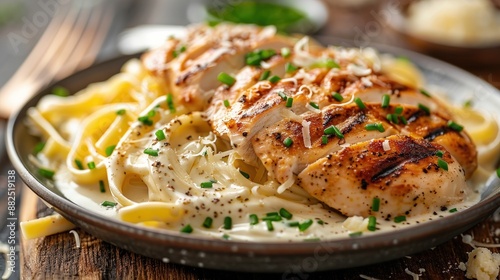 Close-up view of a gourmet fettuccine Alfredo with grilled chicken breast slices, coated in a velvety Alfredo sauce and garnished with chopped chives and Parmesan shavings, presented on a rustic