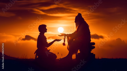 a silhouette of Guru Purnima blessing a disciple during sunset