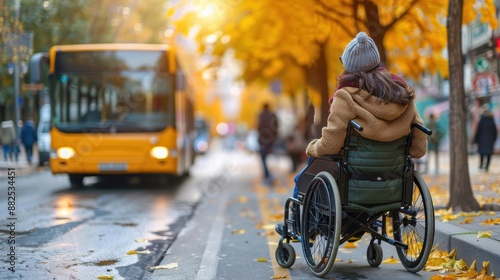 Person in wheelchair waiting for bus on an autumn day, highlighting accessibility and public transportation in an urban setting.